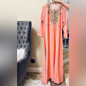 Elegant Embellished Pink peach rose velvet abaya kaftan
